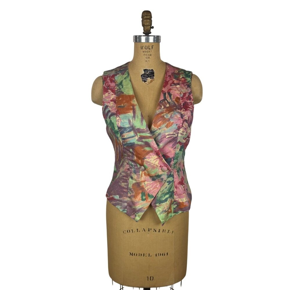 Vintage 90s Floral Vest Womens Medium Abstract Artistic Print Pastel Top